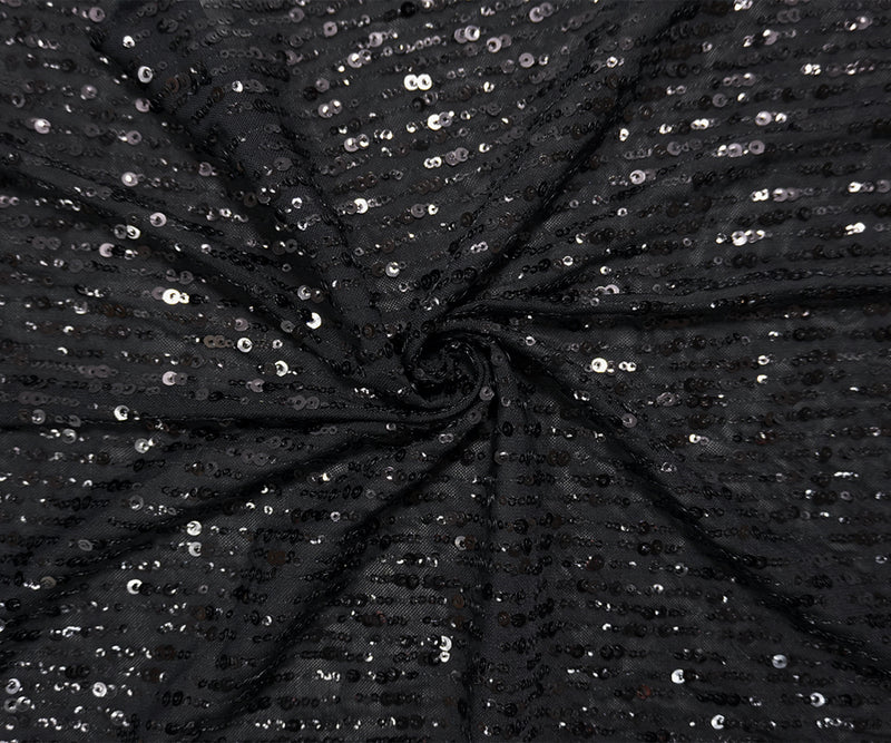 Black Famous Designer Poly Spandex Sequin Mesh Knit Fabric