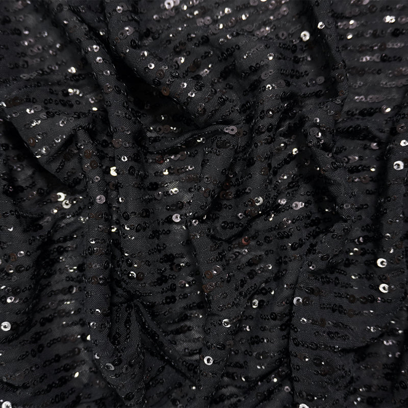 Black Famous Designer Poly Spandex Sequin Mesh Knit Fabric