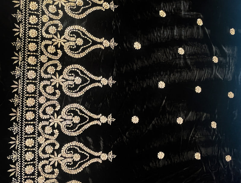 Black Famous Designer Nylon Rayon Floral Embroidered Velvet Fabric