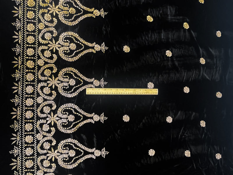 Black Famous Designer Nylon Rayon Floral Embroidered Velvet Fabric