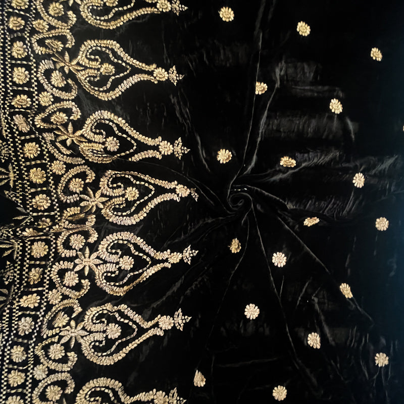 Black Famous Designer Nylon Rayon Floral Embroidered Velvet Fabric