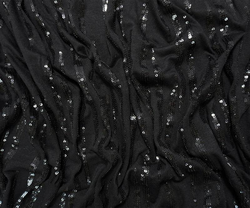 Black Famous Designer Nylon Stripe Sequined Jersey Knit Fabric