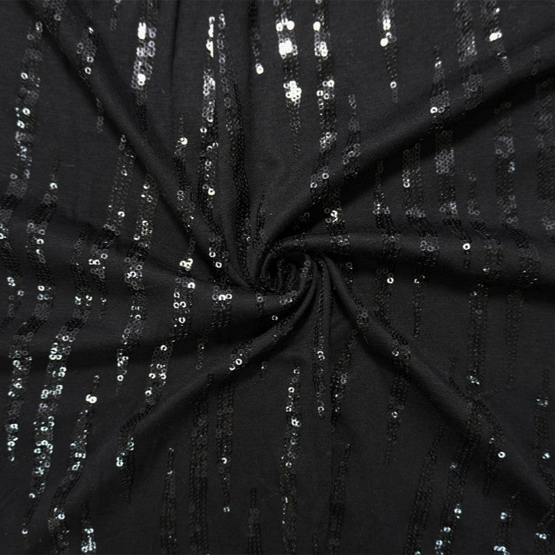 Black Famous Designer Nylon Stripe Sequined Jersey Knit Fabric