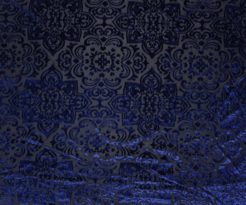 Black-Blue Designer Poly Nylon Burnout Floral Velvet Knit Fabric