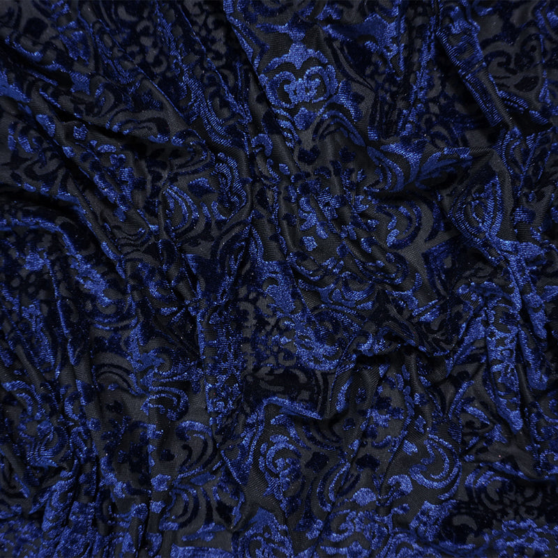 Black-Blue Designer Poly Nylon Burnout Floral Velvet Knit Fabric