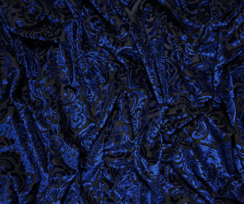 Black-Blue Designer Poly Nylon Burnout Floral Velvet Knit Fabric