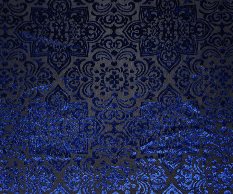 Black-Blue Designer Poly Nylon Burnout Floral Velvet Knit Fabric