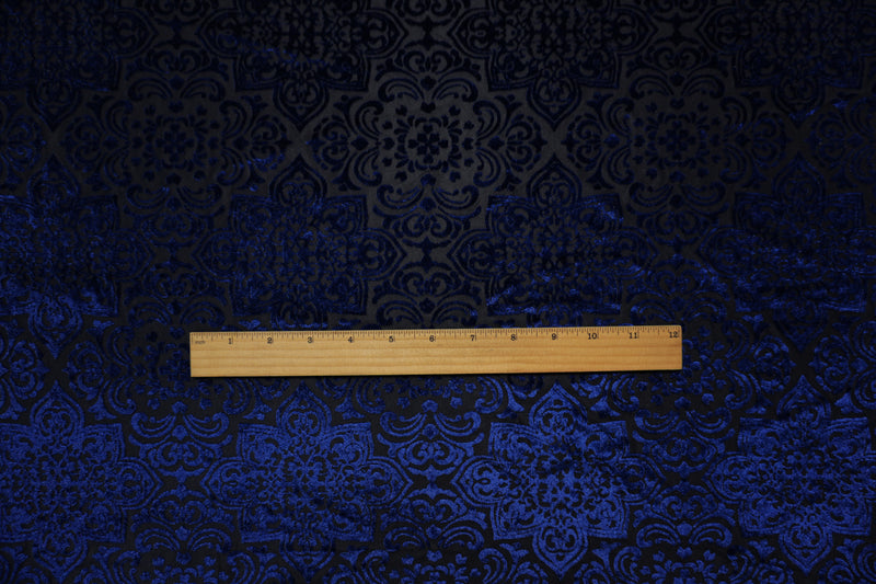Black-Blue Designer Poly Nylon Burnout Floral Velvet Knit Fabric