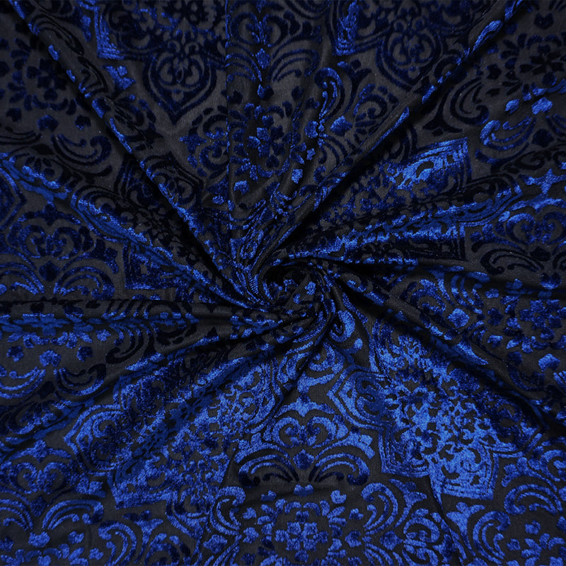 Black-Blue Designer Poly Nylon Burnout Floral Velvet Knit Fabric