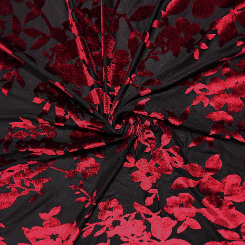 Black-Red Designer Poly Nylon Burnout Floral Velvet Knit Fabric