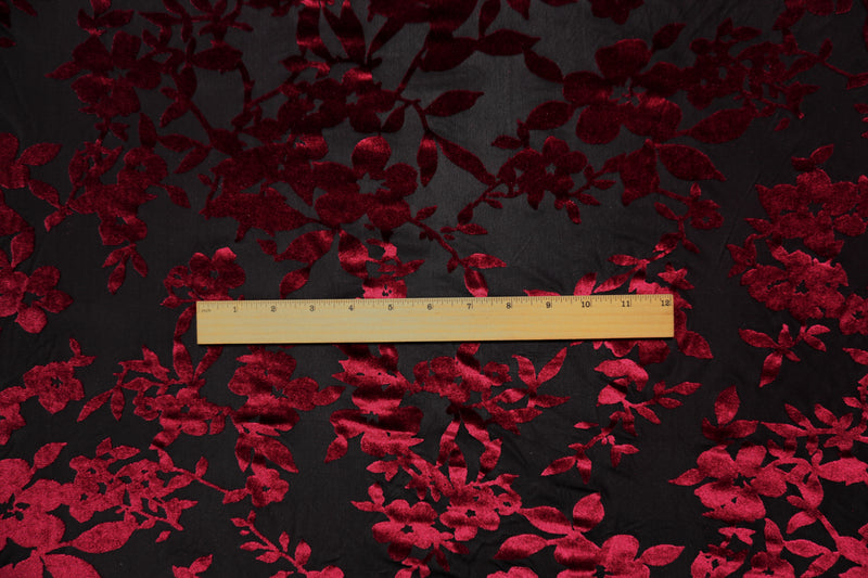 Black-Red Designer Poly Nylon Burnout Floral Velvet Knit Fabric