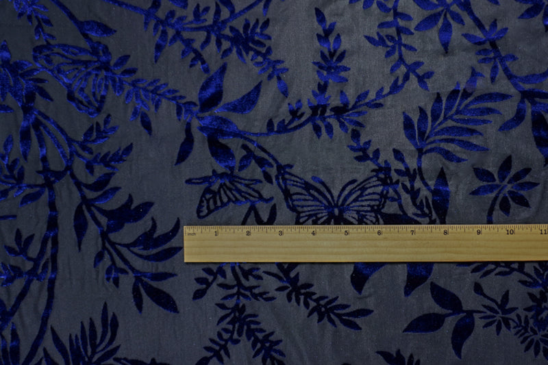 Black-Blue Designer Poly Nylon Leaves Burnout Velvet Knit Fabric