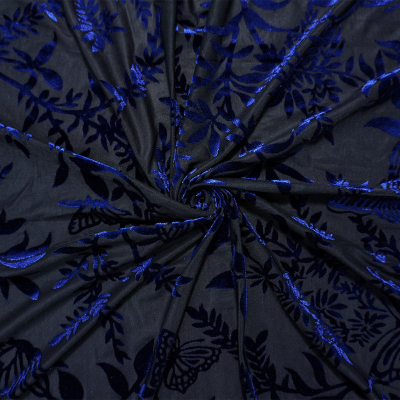 Black-Blue Designer Poly Nylon Leaves Burnout Velvet Knit Fabric