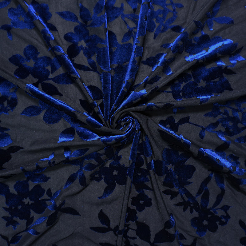 Blue Famous Designer Poly Nylon Burnout Floral Velvet Knit Fabric