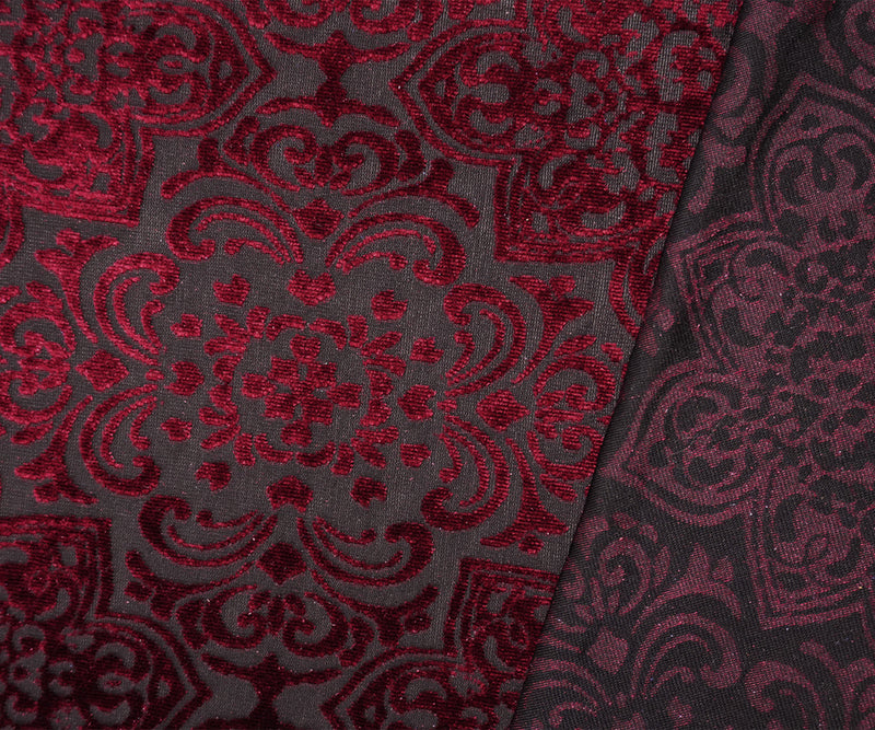 Black-Red Designer Poly-Nylon Floral Burnout Velvet Knit Fabric