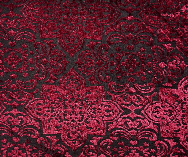 Black-Red Designer Poly-Nylon Floral Burnout Velvet Knit Fabric