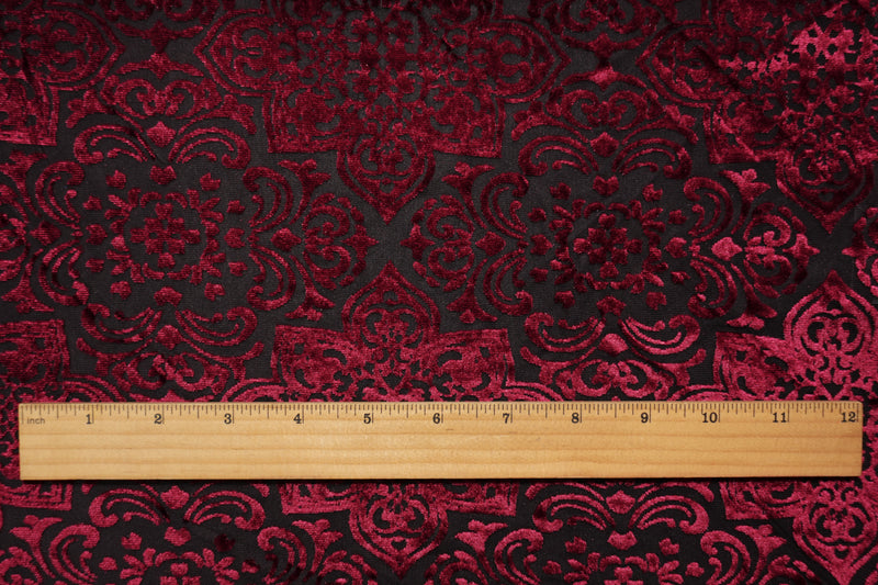Black-Red Designer Poly-Nylon Floral Burnout Velvet Knit Fabric