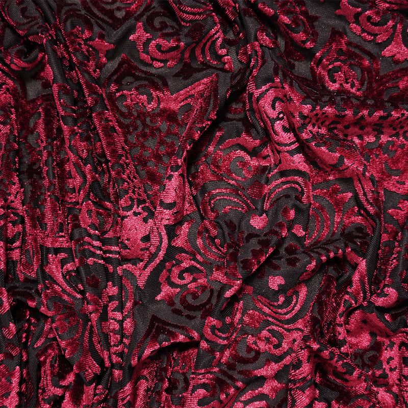 Black-Red Designer Poly-Nylon Floral Burnout Velvet Knit Fabric