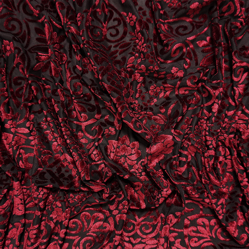Black-Red Designer Poly Nylon Baroque Burnout Velvet Knit Fabric