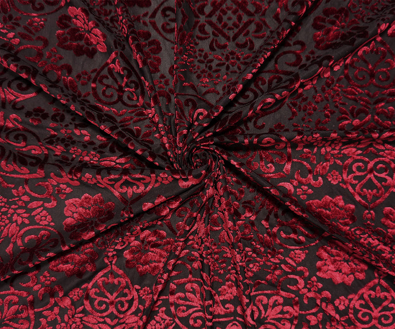 Black-Red Designer Poly Nylon Baroque Burnout Velvet Knit Fabric
