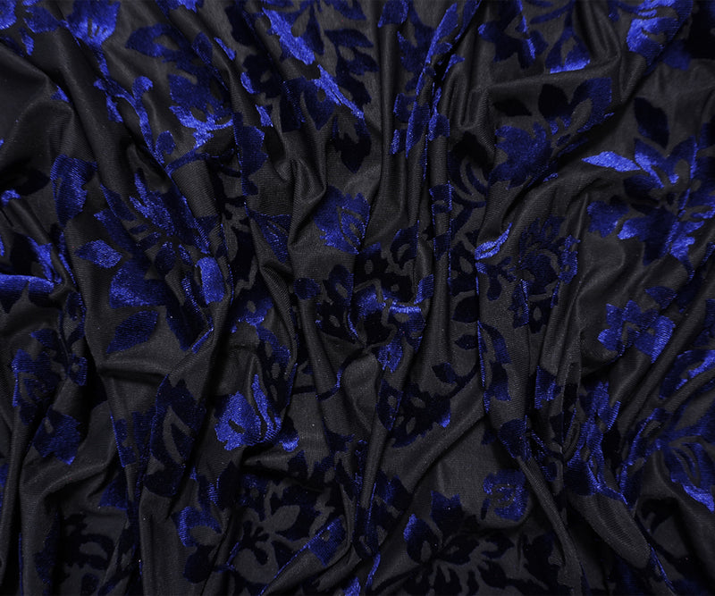 Black-Blue Designer Poly-Nylon Baroque Burnout Velvet Knit Fabric