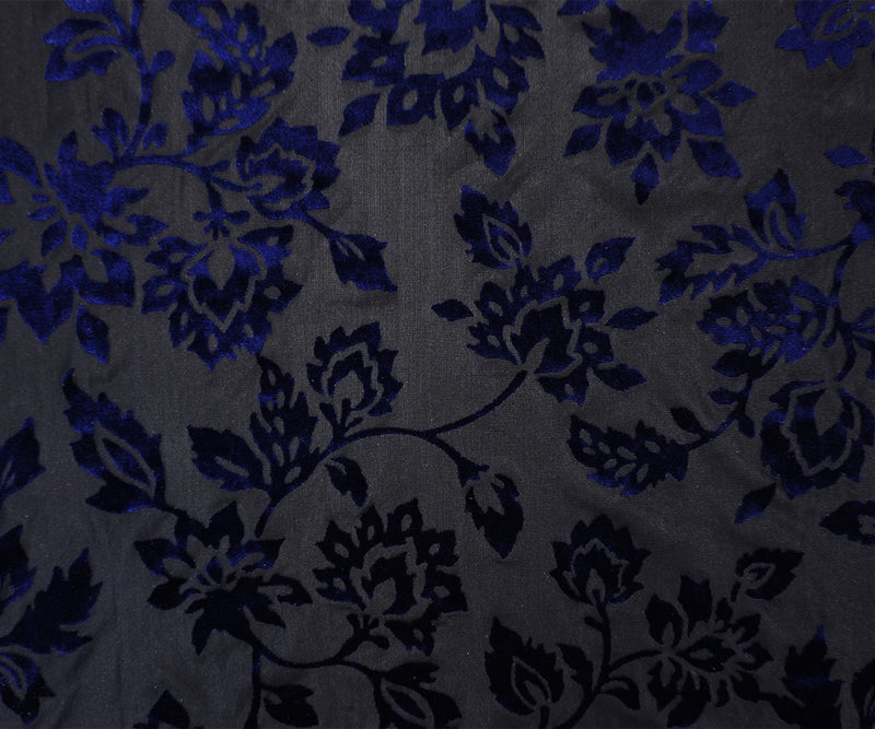 Black-Blue Designer Poly-Nylon Baroque Burnout Velvet Knit Fabric