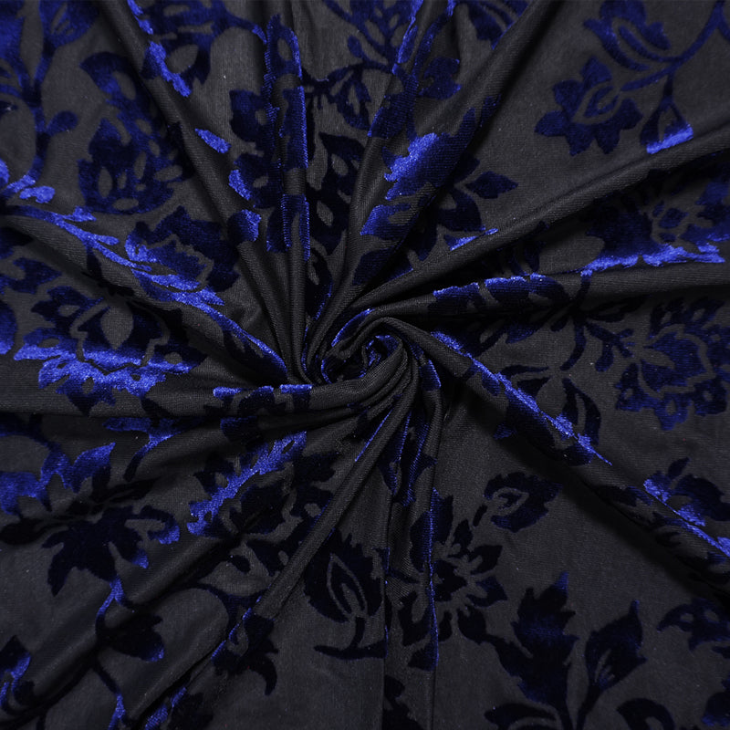Black-Blue Designer Poly-Nylon Baroque Burnout Velvet Knit Fabric