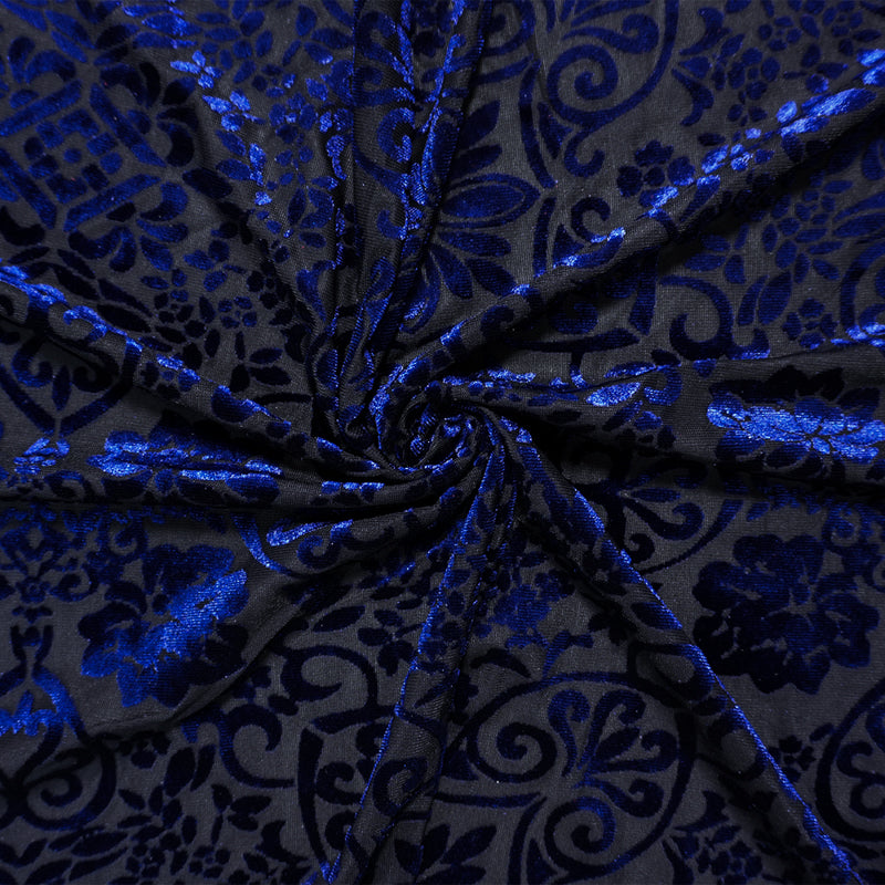 Black-Blue Designer Poly Nylon Floral Burnout Velvet Knit Fabric