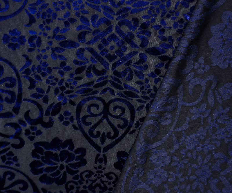 Black-Blue Designer Poly Nylon Floral Burnout Velvet Knit Fabric