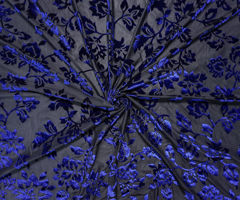Black-Blue Designer Poly Nylon Floral Burnout Velvet Knit Fabric