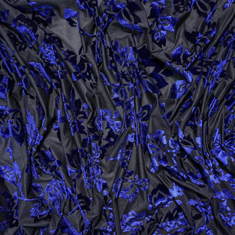 Black-Blue Designer Poly Nylon Floral Burnout Velvet Knit Fabric