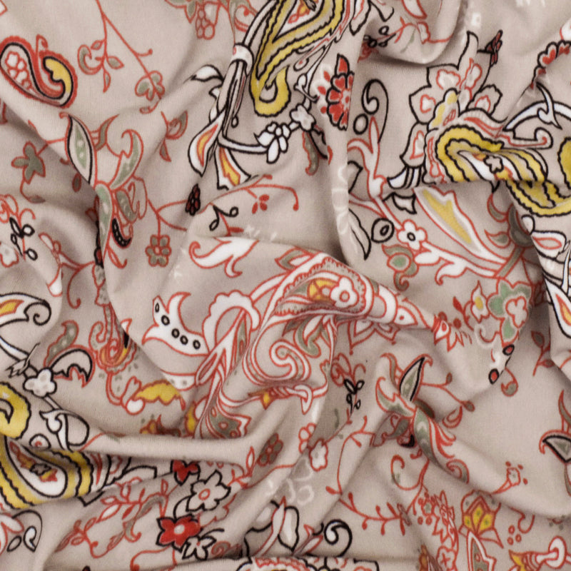 Sugar Beige-Orange-Multi Paisley Printed Stretch Polyester ITY Knit Fabric