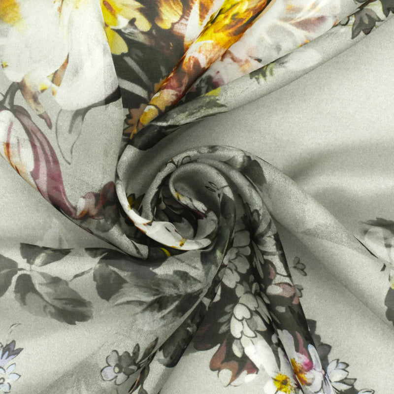 Forest Gray-Brown-Multi Famous Designer Floral Printed Silk Chiffon Fabric