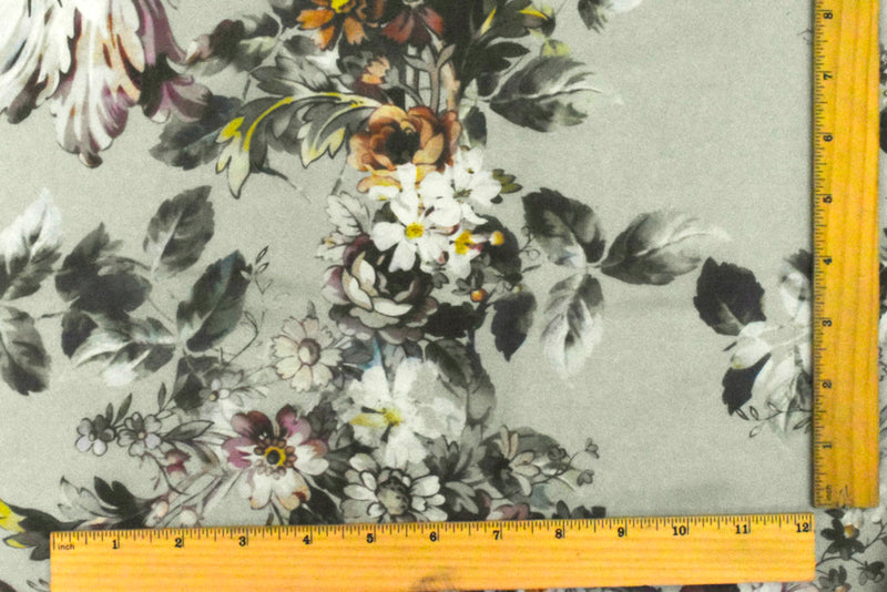 Forest Gray-Brown-Multi Famous Designer Floral Printed Silk Chiffon Fabric