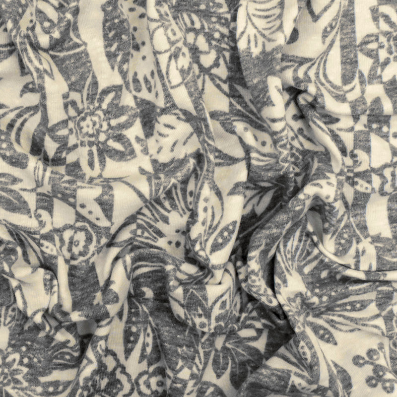 Heather Gray-Beige Floral Stripe Printed Stretch Jersey Knit Fabric