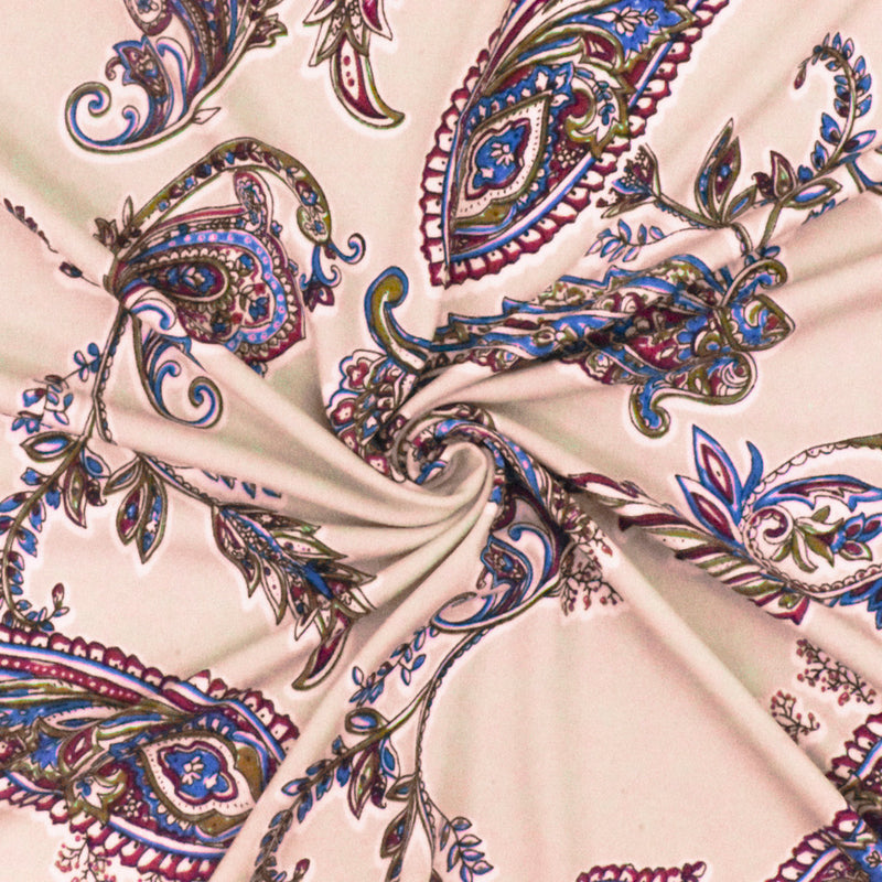 Light Pink-White-Multi Paisley Printed Stretch Polyester ITY Knit Fabric