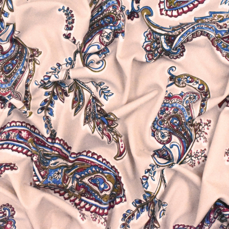Light Pink-White-Multi Paisley Printed Stretch Polyester ITY Knit Fabric