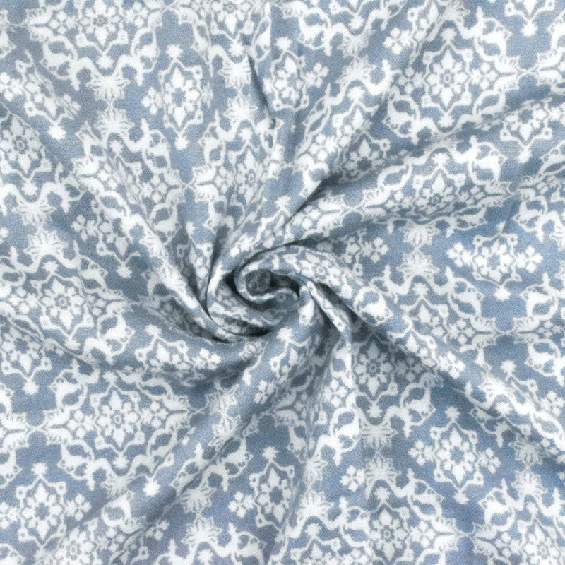 Dusty Blue- Ivory Moroccan Printed Stretch Rayon Momie Woven Fabric