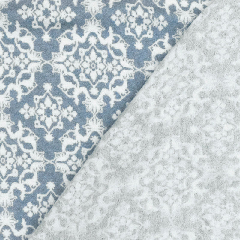 Dusty Blue- Ivory Moroccan Printed Stretch Rayon Momie Woven Fabric