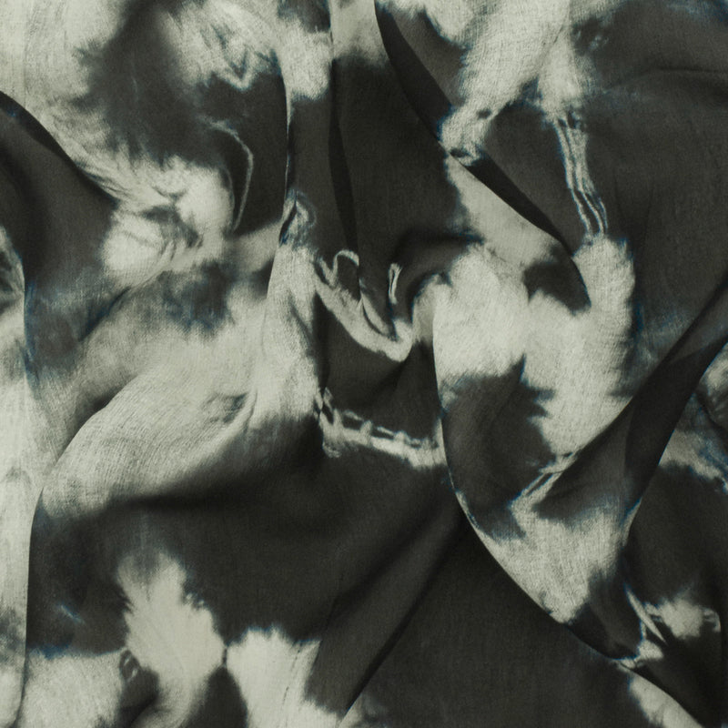 Ink Blue-Ivory Famous Designer Tie Dye Printed Viscose Chiffon Woven Fabric