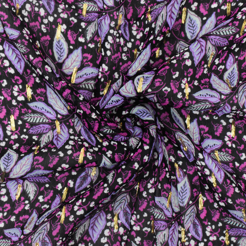 Purple-Gold-Multi Famous Designer Leaves Print Viscose chiffon fabric