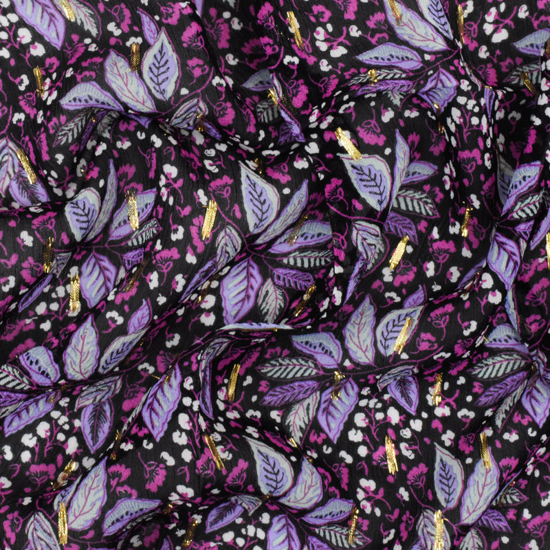 Purple-Gold-Multi Famous Designer Leaves Print Viscose chiffon fabric