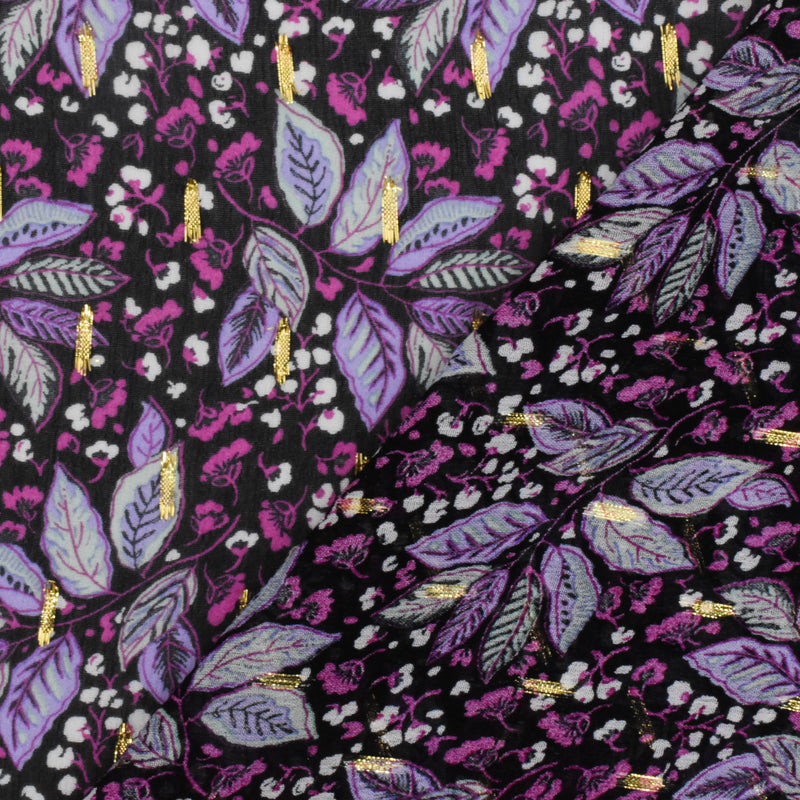 Purple-Gold-Multi Famous Designer Leaves Print Viscose chiffon fabric