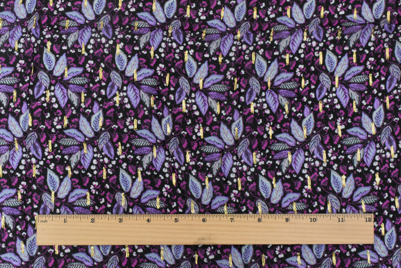 Purple-Gold-Multi Famous Designer Leaves Print Viscose chiffon fabric