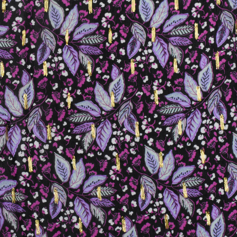 Purple-Gold-Multi Famous Designer Leaves Print Viscose chiffon fabric