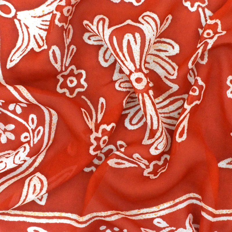 Red-Ivory-Orange Famous Designer Floral Print Rayon Georgette Fabric