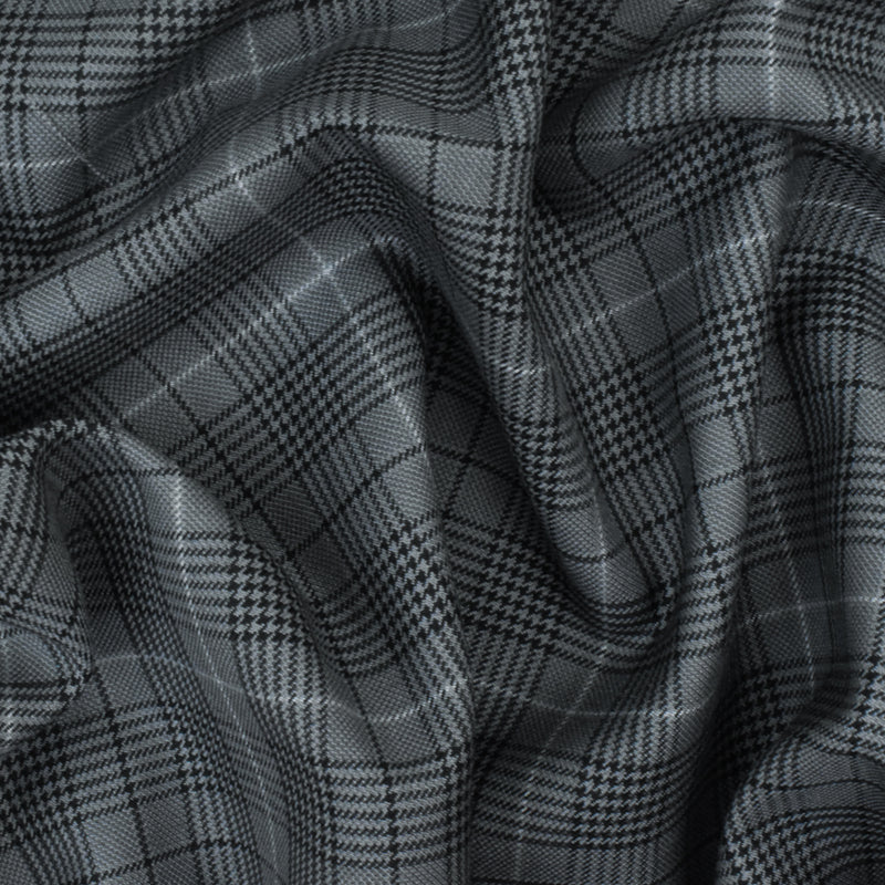 Simple Gray-Black-White Glen Plaid Wool Polyester Twill Woven Fabric