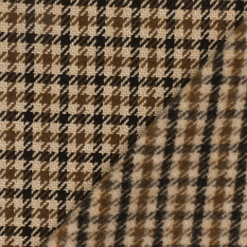 3 YD PC-Brown-Multi Houndstooth Plaid Wool-Poly Brush Twill Woven Jacketing Fabric