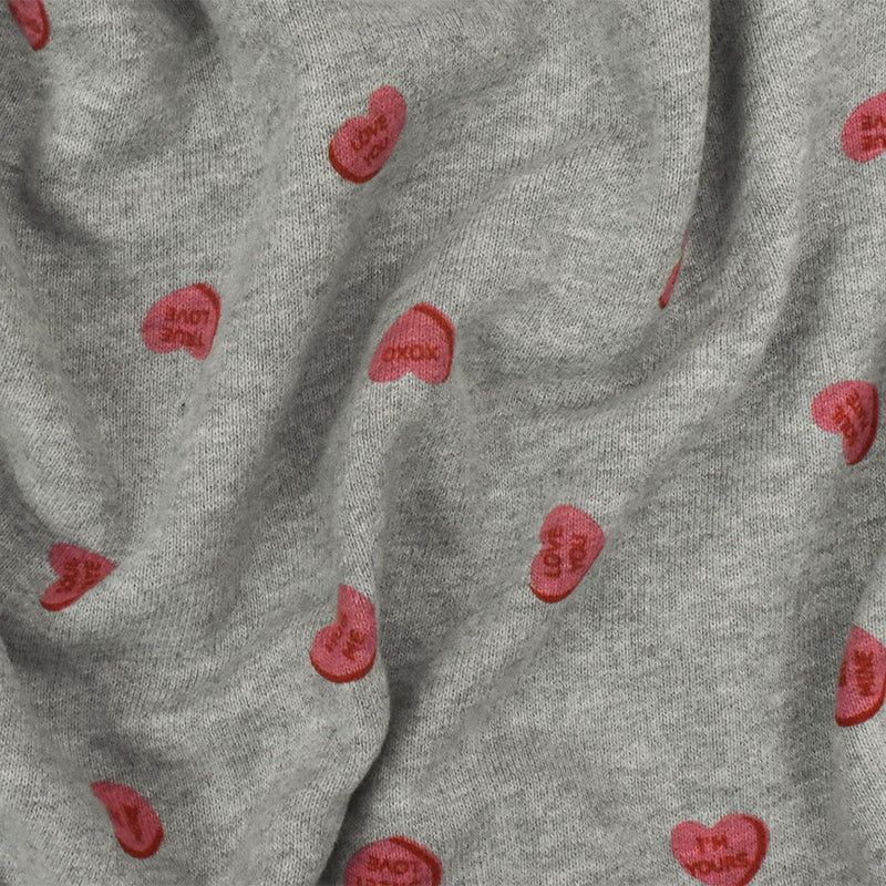 Heather Gray-Red-Pink Heart Printed Cotton French Terry Knit Fabric