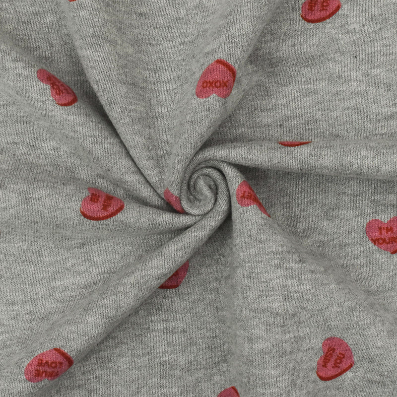 Heather Gray-Red-Pink Heart Printed Cotton French Terry Knit Fabric